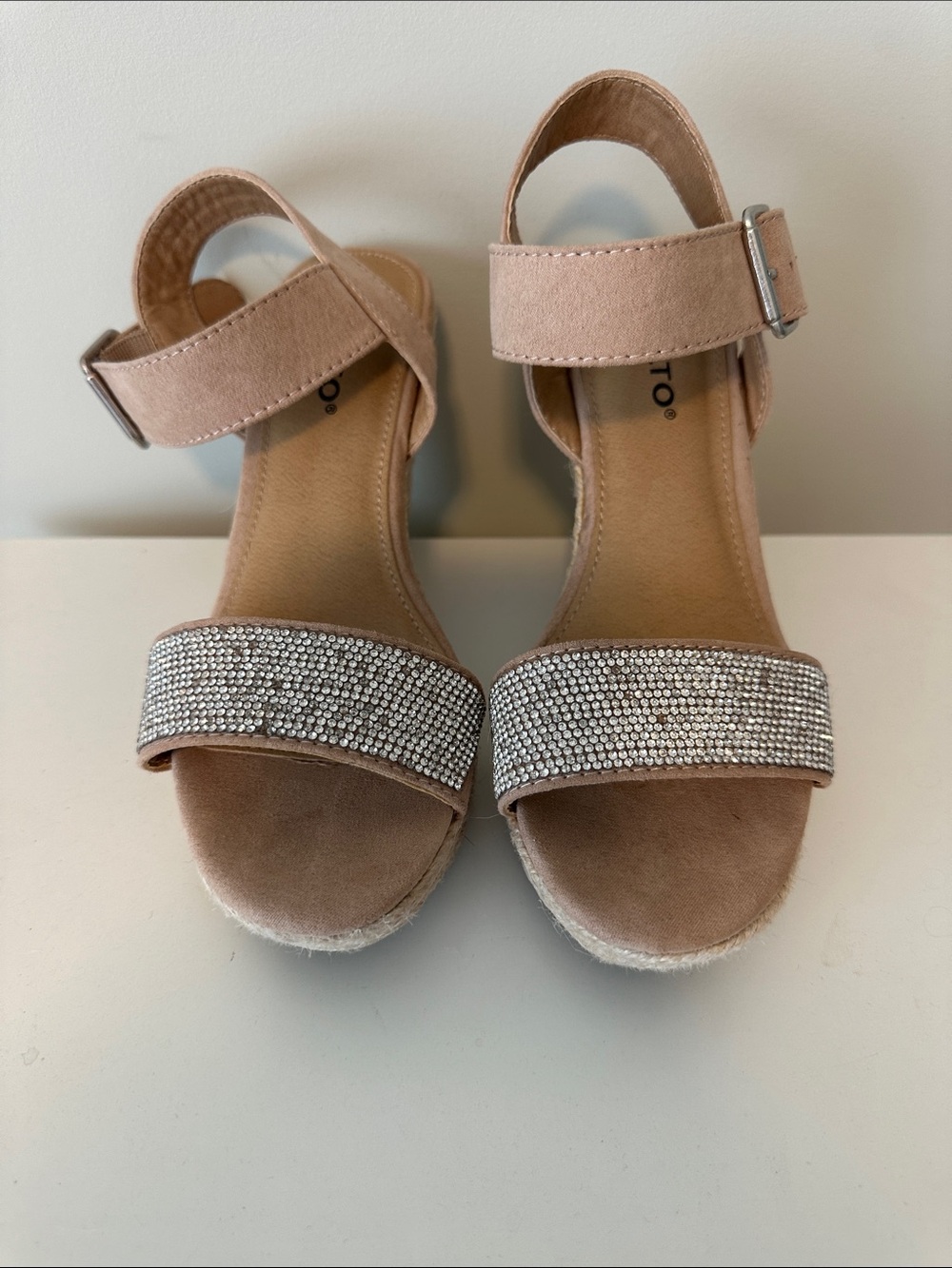 Rialto Blush Tan Wedge Sandals with Crystal Straps